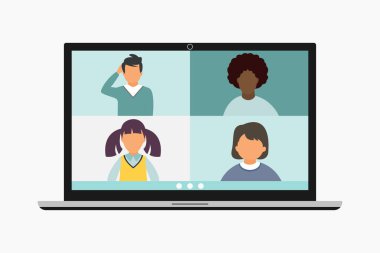 Online eğitim. Zoom okulu. Vektör illüstrasyonu.