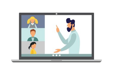 Online eğitim. Zoom Okulu. İnsan bir öğretmendir. Vektör illüstrasyonu.