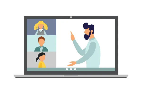 stock image Online education. Zoom School. Man is a teacher. Vector illustration.