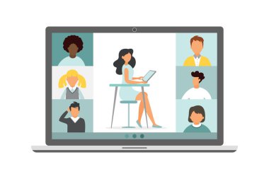 Online eğitim. Zoom Okulu. Kadın bir öğretmen. Vektör illüstrasyonu.