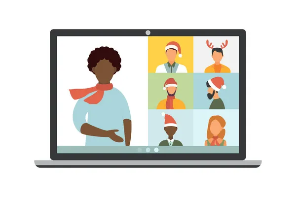 Reunión Virtual Navidad Videollamada Con Amigos Casa Ilustración Vectorial —  Fotos de Stock