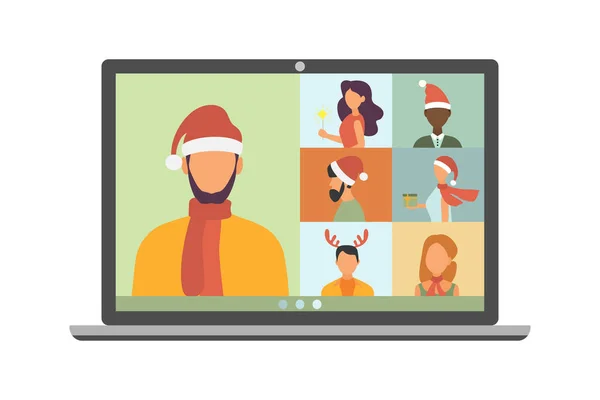 Reunión Virtual Navidad Videollamada Con Amigos Casa Ilustración Vectorial —  Fotos de Stock