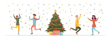 Noel 'i kutluyoruz. Süslü ve hediyeli Noel ağacı. Arkadaşlar eğleniyor. İnsanlar mutlu yıllar diler. Vektör illüstrasyonu
