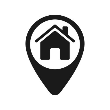 Siyah beyaz bir simge ve bir ev tabelası. Harita etiketi. Görüntü