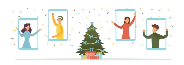 Онлайн Вечеринка Празднование Нового Года Рождества Векторная Иллюстрация Плоский Стиль — стоковое фото