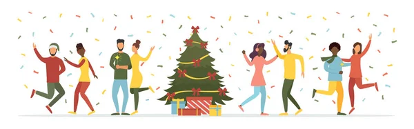 Noel 'i kutluyoruz. Süslü ve hediyeli Noel ağacı. Arkadaşlar eğleniyor. İnsanlar mutlu yıllar diler. Vektör illüstrasyonu
