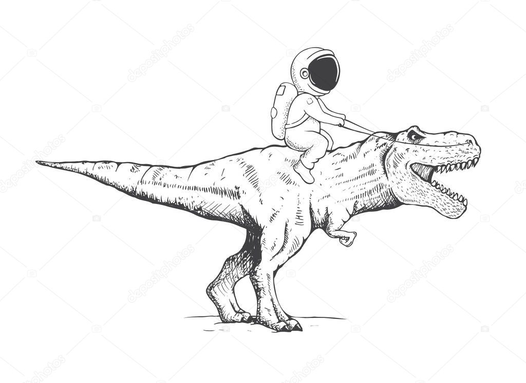 Astronaut rides horseback on dinosaur