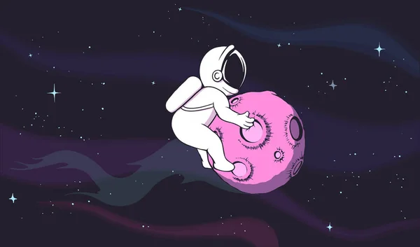惑星にしがみつくかわいい宇宙飛行士 — ストックベクタ