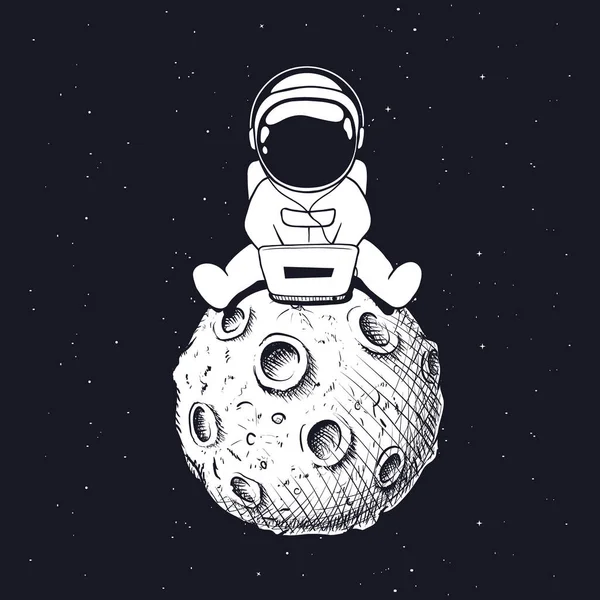 Astronauta con portátil en la Luna — Vector de stock