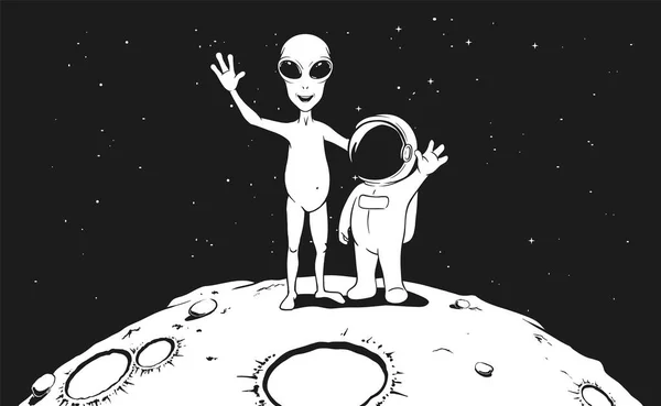 Amistad del astronauta y alienígena — Vector de stock