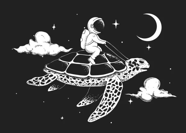 Astronaute volant sur une tortue la nuit — Image vectorielle