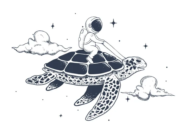 Astronauta volando sobre una tortuga — Vector de stock