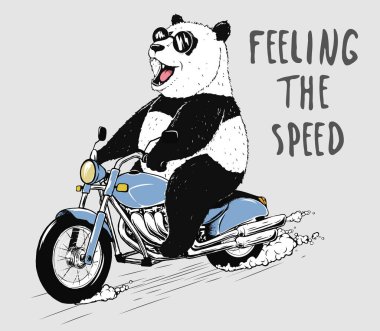 Motosikletle mutlu panda gezintileri. Ayı motorcusu. Vektör illüstrasyonu.
