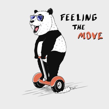 Neşeli panda bisiklet gezileri, uçan kaykay. Vektör illüstrasyonu.