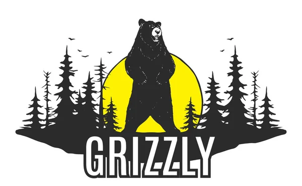Αρκούδα Grizzly Στο Δάσος Εκτυπώσιμη Σχεδίαση — Διανυσματικό Αρχείο