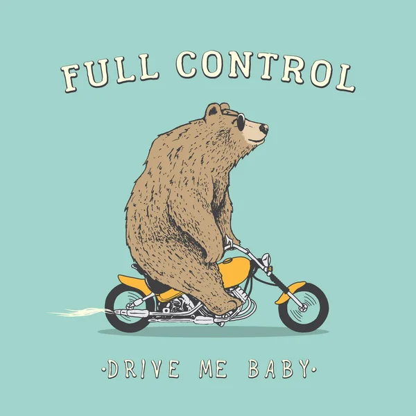 Biker Bear Riding Motorcycle Prints Design Hand Drawn Vector Illustration — ストックベクタ