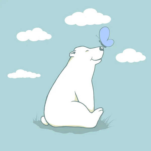 Cartoon Cub Polar Bear Playing Butterfly Childish Vector Illustration Prints — ストックベクタ