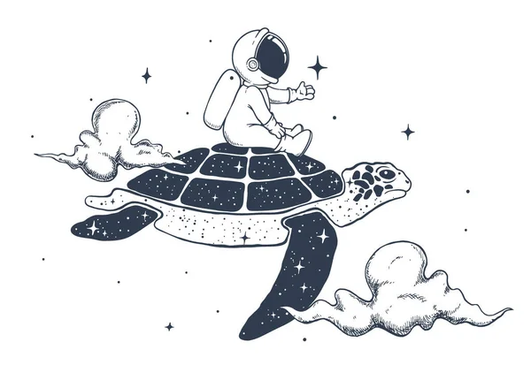 Astronaut Letí Želvě Oblacích Ručně Dělaný Styl Vektorová Ilustrace — Stockový vektor