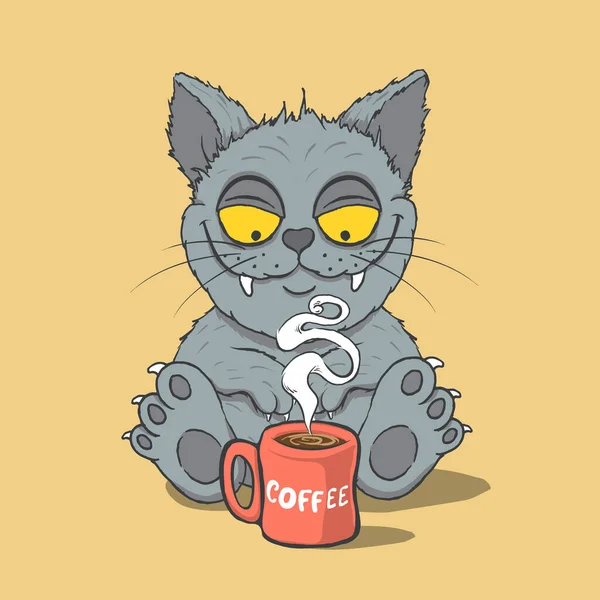 Забавный Кот Чашкой Кофе Утрам Мультипликационная Векторная Иллюстрация — стоковый вектор