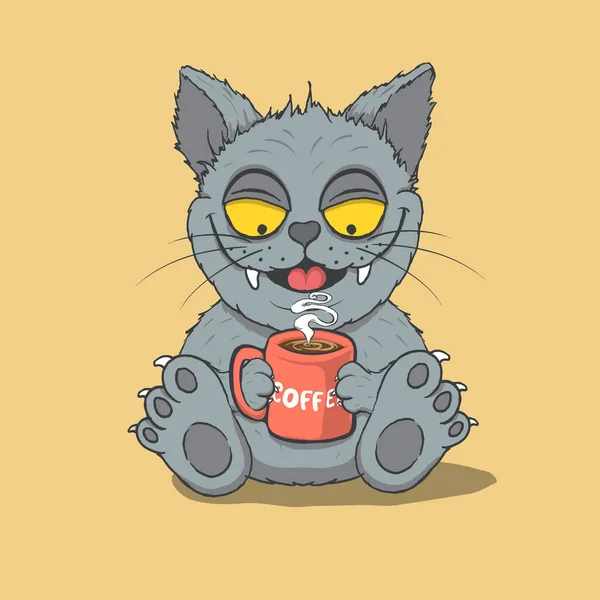 Happy Cat Boit Café Caractères Animaux Illustration Vectorielle Bande Dessinée — Image vectorielle
