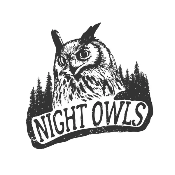 Vintage Hand Drawn Badge Night Owls Forest Vector Illustration — Image vectorielle