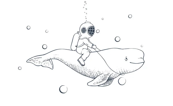 Potápěč Běluha Plavou Společně Moři Ručně Kreslený Styl Vektorová Ilustrace — Stockový vektor