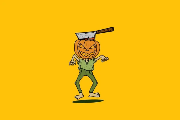 Ilustração Zumbi Com Uma Faca Grande Sua Cabeça Halloween Tema — Vetor de Stock