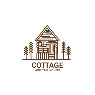 Ormandaki minimalist bir sanat kulübesinin vektör çizimi ve kulübe kiralama logosu için güzel bir çit, ahşap ev kiralama..