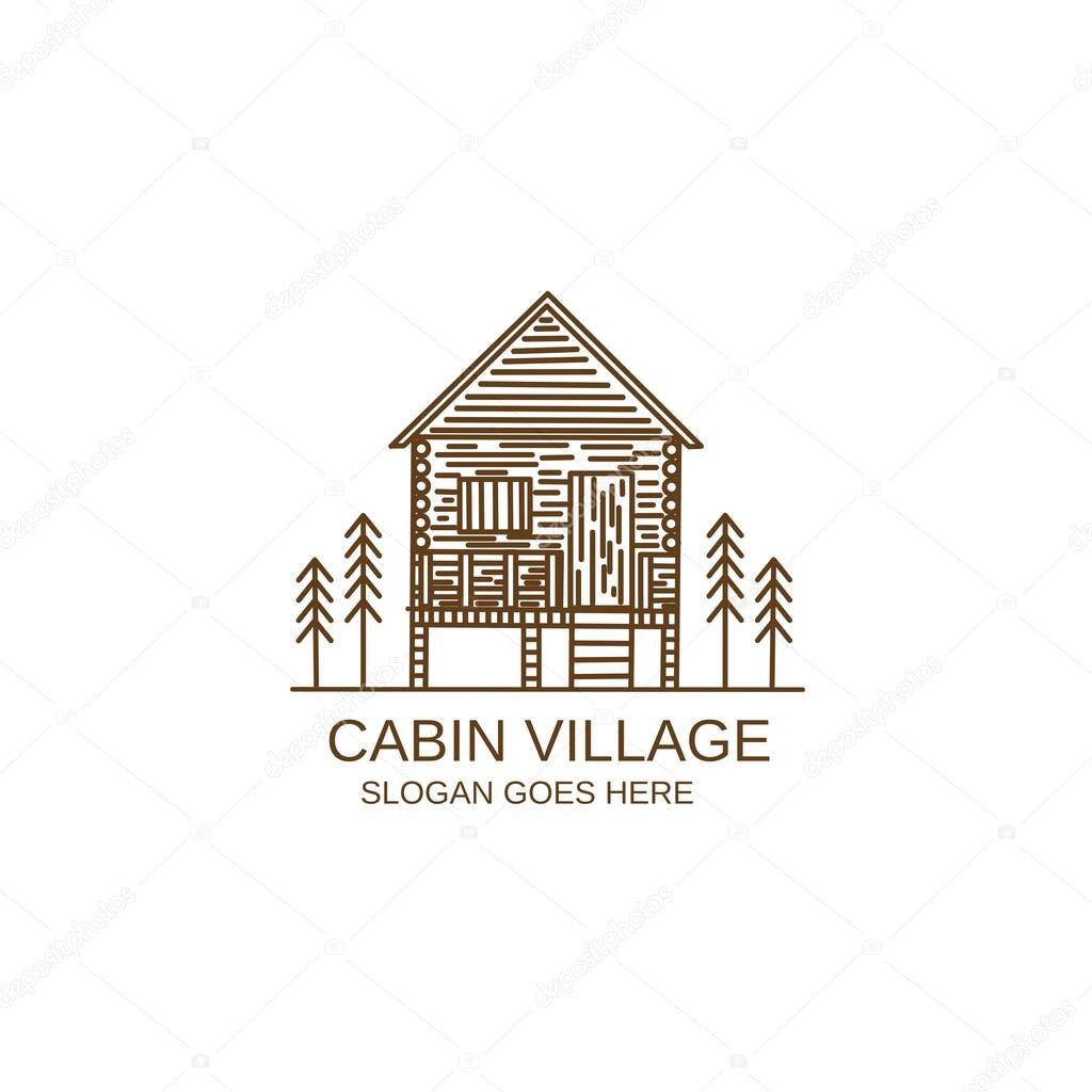 Vector illustration of a minimalist line art log cabin in the woods and a nice fence for a cabin rental logo, log house rental.