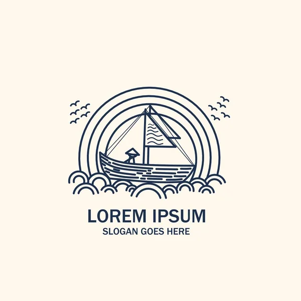 Balıkçı Klasik Logo Tasarımı Akşam Okyanus Manzarası Sabah Güzel Okyanus — Stok Vektör