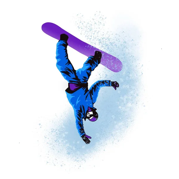 Snowboardista Vyskočí Vzduchu Hlavou Dolů Stylizovaný Jako Freehand Kresba — Stock fotografie