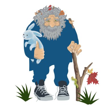 Masal karakteri Goblin, modern orman büyücüsü, ormanın beyaz arka plandaki koruyucusu..