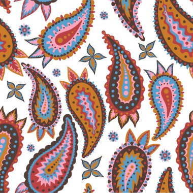 Paisley dikişsiz çok renkli desen. Kumaşlar, halılar, baskılar ve daha fazlası için sonsuz buta motifi.