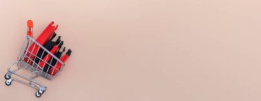 Kara Cuma konsepti, renkli arka planda tramvay olan siyah ve kırmızı alışveriş çantalarının maketi. Kara Cuma indirimi. Pankart