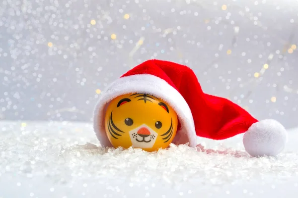 Symbole Nouvelle Année Est Tigre Dans Chapeau Père Noël Sur — Photo