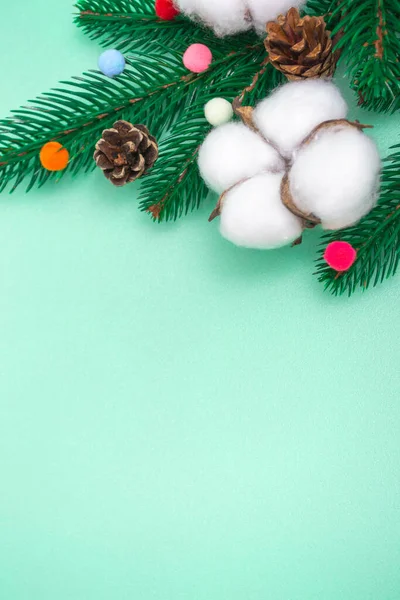 Yeni yılın planı bu. Nane arkaplanda doğal Noel süslemeleri. Kopyalama alanı, kapatın. Dikey fotoğraf