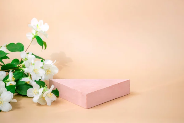 Pastel arka planda yasemin filizi olan bir ürün veya kozmetik ürününün sunumu için bir podyum. Kopyalama alanı ile kapat
