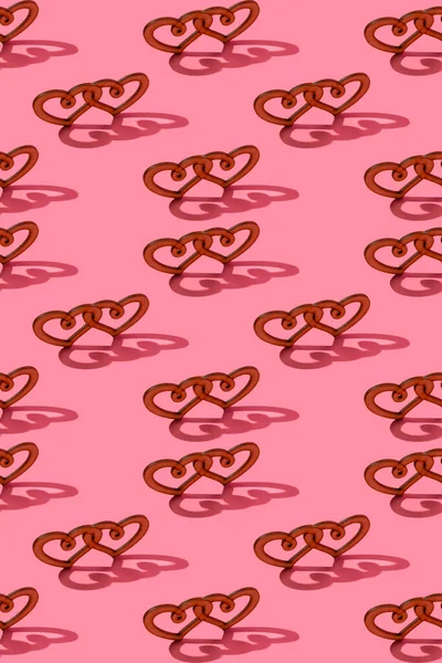 Wooden Heart Hard Shadow Pink Background Trendy Background Valentine Day — Stockfoto