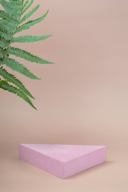 Kozmetik ürünleri ve çeşitli ürünleri eğrelti otuyla bej bir arka planda sergilemek için üçgen podyum, yakın plan. Dikey Biçim