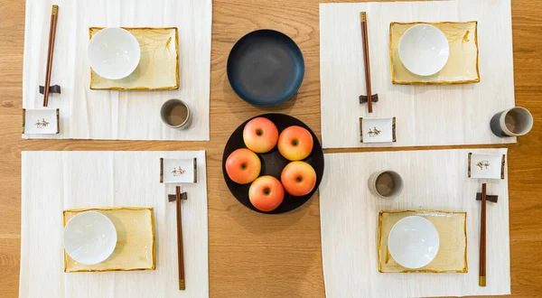 Top View Ceramic Dish Plate Chopsticks White Wooden Table — ストック写真