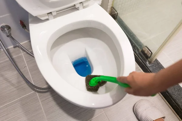 Hand Woman Glove Cleaning Toilet Bowl Using Brush Concept House — Zdjęcie stockowe