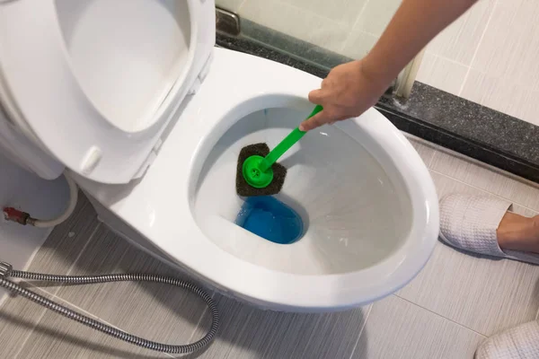 Hand Woman Glove Cleaning Toilet Bowl Using Brush Concept House — 스톡 사진