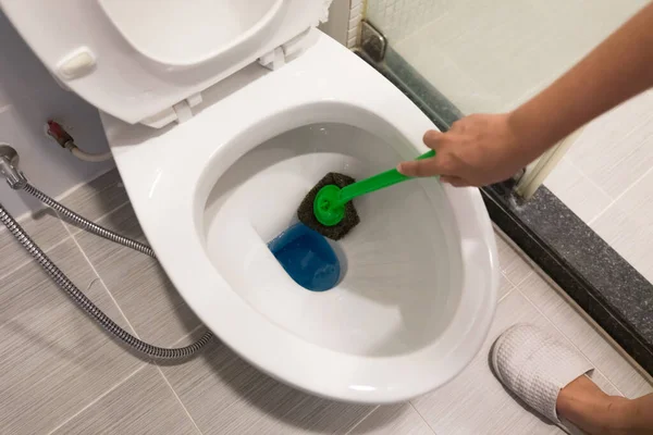 Hand Woman Glove Cleaning Toilet Bowl Using Brush Concept House — Stok fotoğraf