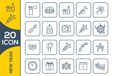 Yılbaşı arifesi ikonu seti. Kutlama, kutlama, dans, müzik, tebrikler ve havai fişek çizgisi simgeleri ve daha fazlası.