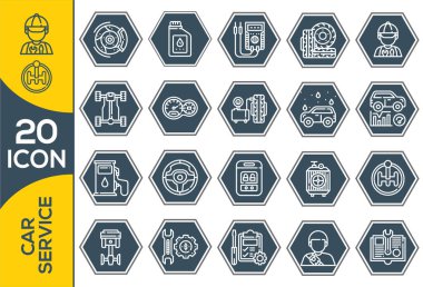 Araba servisi garajı beyaz arka planda izole edilmiş ikonlar, tamirat, araba detayı. Açık yol araba servisine sahip vektör çizgisi simgelerini, mobil kavramlar ve web uygulamaları için elementlerle otomatik onarım ve taşımayı ayarla