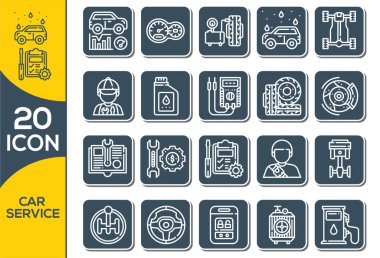 Araba servisi garajı beyaz arka planda izole edilmiş ikonlar, tamirat, araba detayı. Açık yol araba servisine sahip vektör çizgisi simgelerini, mobil kavramlar ve web uygulamaları için elementlerle otomatik onarım ve taşımayı ayarla