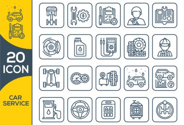 Araba servisi garajı beyaz arka planda izole edilmiş ikonlar, tamirat, araba detayı. Açık yol araba servisine sahip vektör çizgisi simgelerini, mobil kavramlar ve web uygulamaları için elementlerle otomatik onarım ve taşımayı ayarla