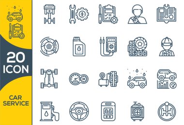 Araba servisi garajı beyaz arka planda izole edilmiş ikonlar, tamirat, araba detayı. Açık yol araba servisine sahip vektör çizgisi simgelerini, mobil kavramlar ve web uygulamaları için elementlerle otomatik onarım ve taşımayı ayarla
