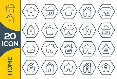 Ev Simgesi Ayarlandı. Ev vektör çizimi sembolü. Gayrimenkul ve evler ince çizgi simgeleri. Simgeleri alan, el ele tutuşma anahtarı, akıllı ev, iletişim ve destek, daireler ve daha fazlası olarak içerir.