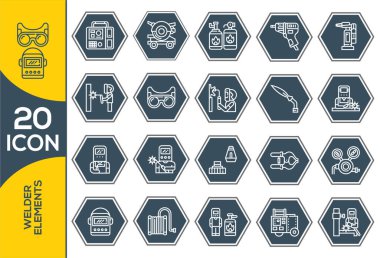 Kaynakçı güvenlik simgeleri vektör illüstrasyonu. Endüstriyel, inşaat ve iş geçmişleri için uygun. Kaynak makinesi el feneri kaynak simgesinde.